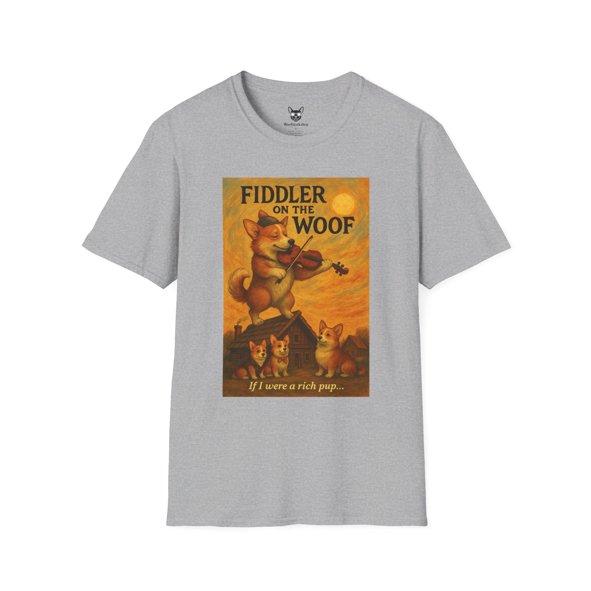 Fiddler on the Woof Broadway Poster Dog Parody Unisex Softstyle T-Shirt -- Funny Broadway Movie Tee for Theater and Dog Lovers
